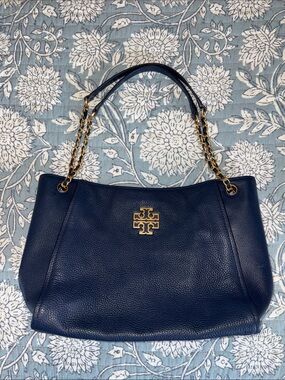 Tory Burch Navy Pebbled Leather Shoulder Bag with Gold Hardware